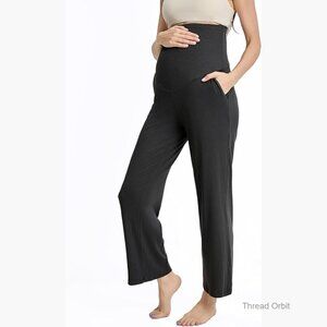 Maternity High Waisted Lounge Pants Stretchy Ribbed Palazzo with Pockets